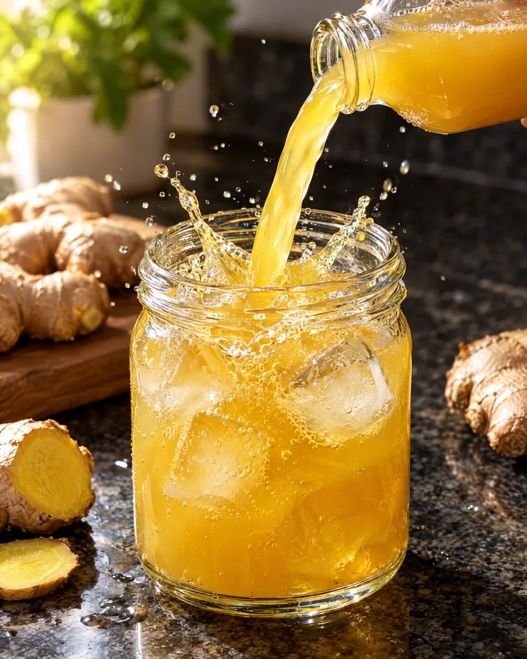 Ginger shot poured over ice in a glass jar (illustrative)